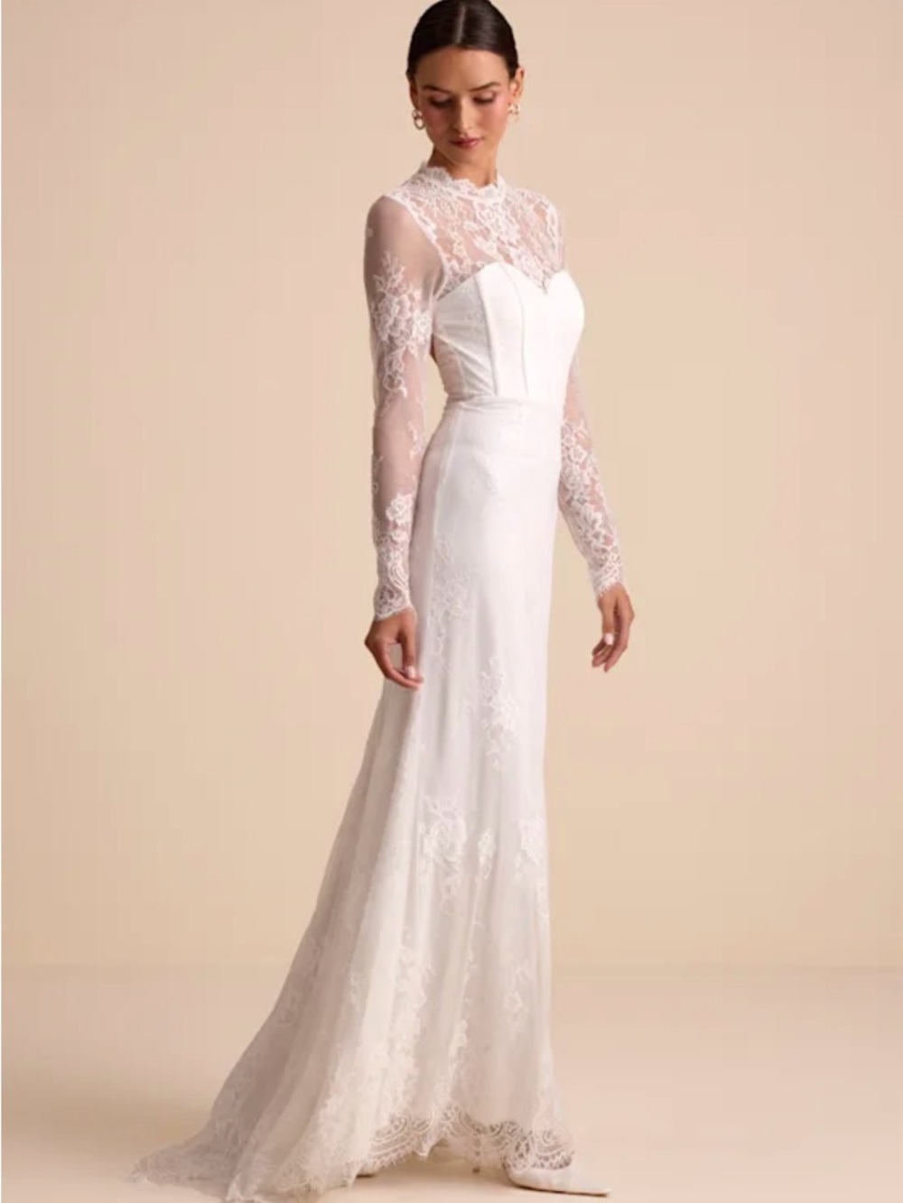 Lulu's White Lace Long-Sleeve, Backless Wedding Dress
